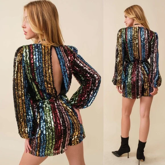 Turn Up The Volume Multicolor Sequin Striped Romper - Picture 4 of 7